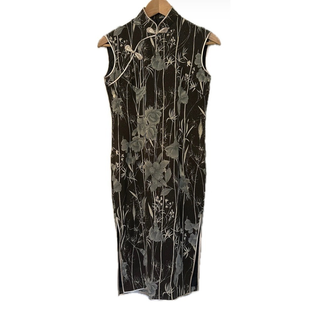 Asian Style Flora Midil Dress. Black/Gray/Silver. Women's Size Small - Picture 3 of 11